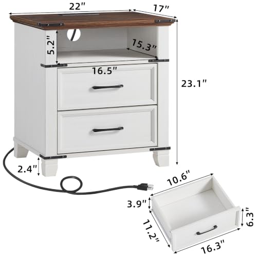 Farmhouse Night Stand with Charging Station, White | 2 Drawers End Tables Bedroom, Nightstand with Metal Handles & Solid Wood Foot & Open Shelf - color: White