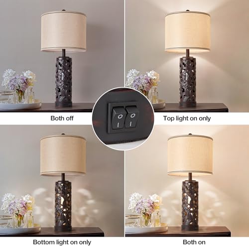 AIDENOEY Set of 2 Table Lamps with Night Light, 28" Farmhouse Table Lamp with USB A+C Ports,Brown Ceramic Bedside Lamp with Fabric Shade for Living Room,Bedroom,Home,Office(2 Bulbs Included) - color: Brown-1
