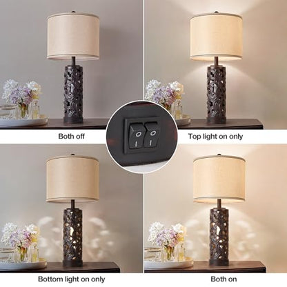 AIDENOEY Set of 2 Table Lamps with Night Light, 28" Farmhouse Table Lamp with USB A+C Ports,Brown Ceramic Bedside Lamp with Fabric Shade for Living Room,Bedroom,Home,Office(2 Bulbs Included) - color: Brown-1