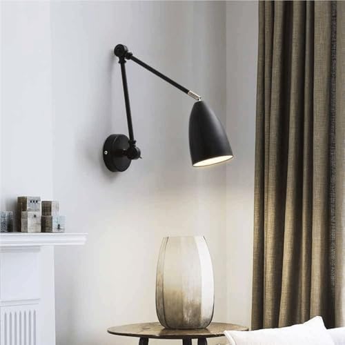 Modern Swing Arm Wall Sconce Adjustable Black Industrial Lamp Triple 180 Degree Rotating Joints Bedside Reading Light E26 Base Wrought Iron Finish for Study Bedroom Kitchen Island