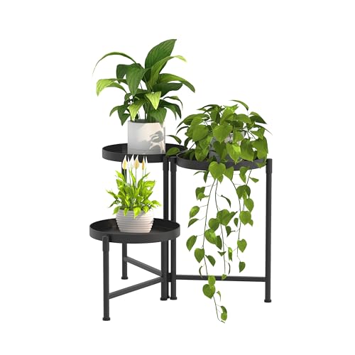 3 Tier Tall Metal Plant Stand, Duty Tiered Flower Shelf for Patio Garden | Foldable storage, Rotatable 3-tier design, leakproof trays, Waterproof rustproof, 10-minute easy assembly - size: 3 Tier