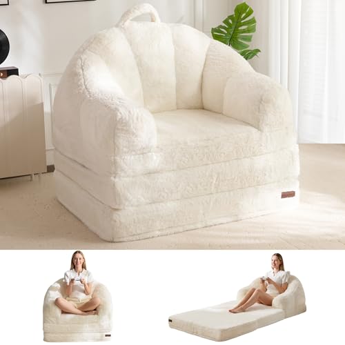 MAXYOYO Folding Sofa Bed, 2 in 1 Convertible Sofa to Lounger | Comfy Single Bean Bag Chair for Adults, Floor Couch with Handle, Faux Fur Couch Bed for Living Room Bedroom, Beige - color: Beige, size: Single
