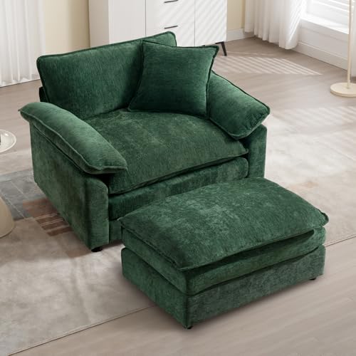 Green Oversized Chair with Ottoman, Comfy Accent Chair Large Upholstered Armchair with Extra Thick and Deep Seat Modern Lounge Chair for Living Room,Bedroom,Apartment,Chenille - color: Green, size: 1(chair+ottoman)