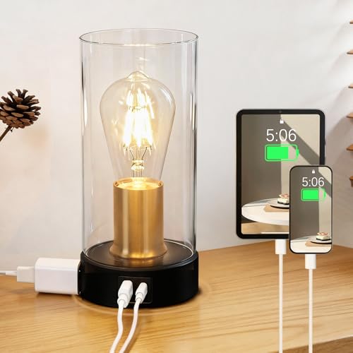 Shenmoyl Industrial Bedside Lamp with USB-A+C Charging Ports & AC Outlet, Small Touch Control Dimmable Table Lamp with Black Glod Base Glass Shade for Bedroom, Nightstand, Dorm, Office, Desk - color: Black-gold
