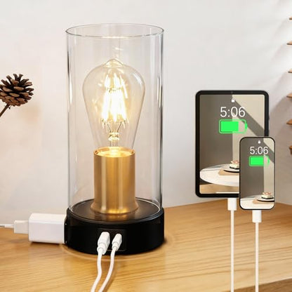 Shenmoyl Industrial Bedside Lamp with USB-A+C Charging Ports & AC Outlet, Small Touch Control Dimmable Table Lamp with Black Glod Base Glass Shade for Bedroom, Nightstand, Dorm, Office, Desk - color: Black-gold