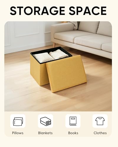 PINPLUS Flat Top Folding Linen Storage Ottoman 16.5", 36L Collapsible Storage Cube with Lid, 250 lbs Load Capacity, Fabric Foot Rest Seat for Living Room, Bedroom, Closet,Yellow - color: Yellow