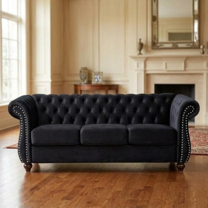 GDFStudio 82.6" Chesterfield Sofa Set, Modern Velvet Upholstered Sofa Set, Comfy 3 Seat Couch with Loveseat for Living Room Apartment, Button Tufted Rolled Arms Solid Wood Legs Spring Cushion, Black - color: Black, size: 3+2 Seat