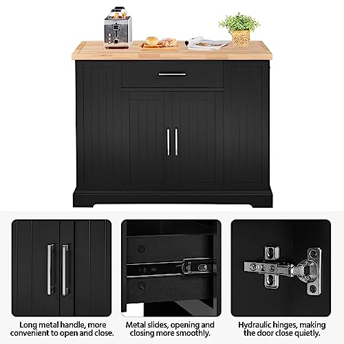 Yaheetech Rolling Kitchen Island Cart with 3 Drawers & Open Shelves, Black | Mobile Kitchen Island with Storage on Wheels with Adjustable Shelves, Thicke Rubberwood Top, for Dining Room/Living Room - color: Black