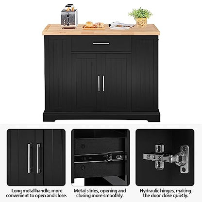 Yaheetech Rolling Kitchen Island Cart with 3 Drawers & Open Shelves, Black | Mobile Kitchen Island with Storage on Wheels with Adjustable Shelves, Thicke Rubberwood Top, for Dining Room/Living Room - color: Black