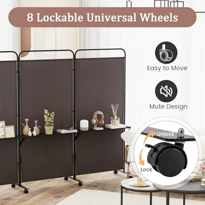 GOFLAME 3 Panel Room Divider with Storage Shelves, 6FT Folding Privacy Screen with Lockable Wheels, Portable Rolling Wall Divider, Freestanding Partition Screen for Room Separation, Brown - color: Brown