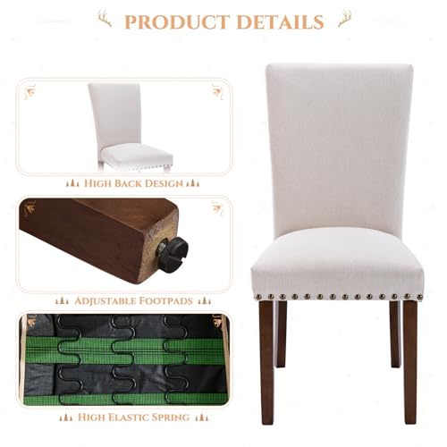 COLAMY Upholstered Dining Chairs Set of 2, Parsons Style Side Chairs with Nailhead Trim and Solid Wood Legs, Comfortable Linen Fabric for Kitchen & Dining Room – Beige - size: set of 2