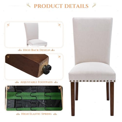 COLAMY Upholstered Dining Chairs Set of 2, Parsons Style Side Chairs with Nailhead Trim and Solid Wood Legs, Comfortable Linen Fabric for Kitchen & Dining Room – Beige - size: set of 2