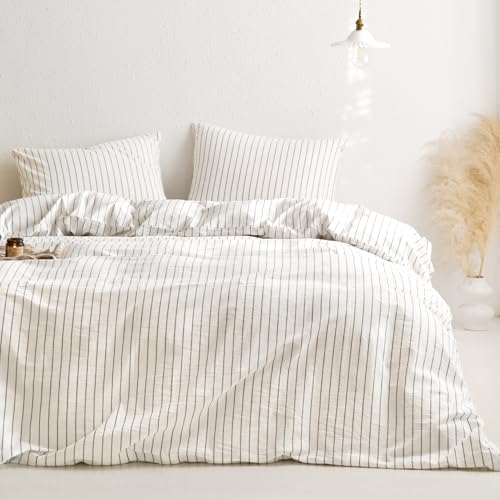 Wake In Cloud - Striped Cotton Duvet Cover Set, Ticking Stripe Vertical Pinstripe Farmhouse, 100% Washed Cotton Textured Bedding Set, 3 Pieces, White, Full Size - color: White, size: Full