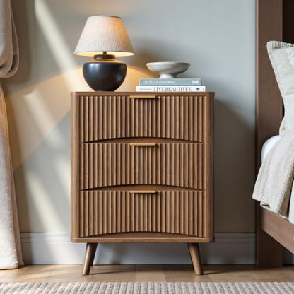 Evermagin 29" Tall Fluted Nightstand Set of 2 with 3 Drawers | Walnut Night Stand, Wooden Bedside Table, Mid Century Modern Side Table for Bedroom, livingroom - color: Walnut, size: 13.78"D x 23.62"W x 29.35"H (3 Drawers)