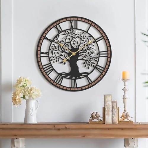 Micasso Large Wall Clock Decorative: 21 Inch Tree of Life Battery Operated | Modern Farmhouse Metal Wood Frame - Roman Numeral Clocks for Living Room/Home Office/Bedroom Decor - Ideal for Above TV Walls - color: Tree, size: 21 Inch