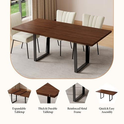 Mid-Century Extendable Dining Table Set, 63"-79", 6 Upholstered Chairs - color: Table + 6 Brown Chairs, size: 63"-79"
