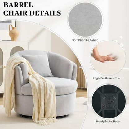 Swivel Accent Chair, Widened Round Barrel Chair with Pillow | Wide Padded Seat, Upholstered Chenille, Silent 360° Swivel Barrel Armchair for Living Room Bedroom Reading Nook, Light Gray - color: Light Gray