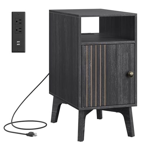 VASAGLE End Table with Charging Station, Narrow Side Table, Nightstand - color: Charcoal Gray