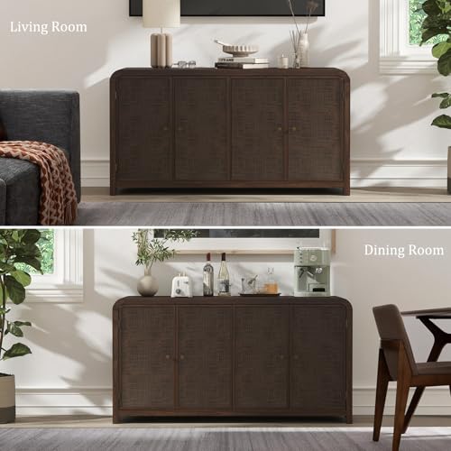 Oak&Sparrow Oak Rattan Sideboard Buffet Cabinet, 60'', 4 Doors | Boho Style, Adjustable Shelves, With Storage, For Living Room, Hallway & Kitchen - color: Dark Walnut