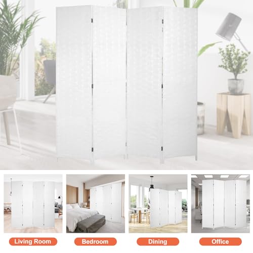 BLKMTY Room Divider, 6ft Folding Privacy Screens, Wall Divider Portable Room Seperating Freestanding Wood Screen, 4 Panels Hand-Woven Design Screen Double Hinged Dividers for Bedroom, White - color: White