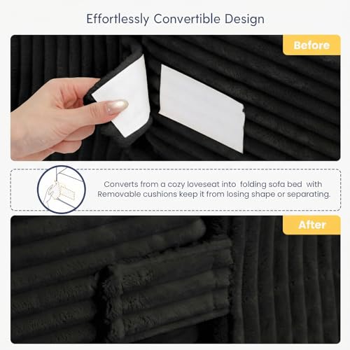 cidludto Boneless Couch Loveseat Sleeper, Convertible Sofa Bed Folding Couch Bed Foldable, 2 in 1 Boneless Chair Bed & Futon Sofa Bed, Small Pull Out Sofa with 4 Pillows for Living Room, Black - color: Black, size: Loveseat-55''