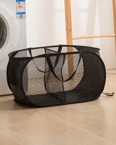 Collapsible Laundry Basket Foldable Pop-Up Mesh Hamper with Compartments and Handles Breathable Clothes Organizer Two Grids Black BLC733-02 - color: Black, size: 22.83'' * 14.17'' * 14.17''