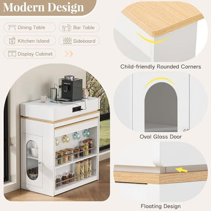 Extendable Dining Table with Folding Tabletop & Power Outlet, Modern Kitchen Island Sideboard with Wheels, Hidden Drawers & USB Charging, Sturdy Buffet Table for Small Spaces (Creamy White+Natural) - color: Creamy White+natural