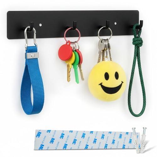Key Holder Wall Mount Key Rack, Hanging Keys Hanger Hooks for Wall-Mounted Black Rail with 4 Hooks Storage Organizer Home Decor, Self Adhesive no Drill or Screws