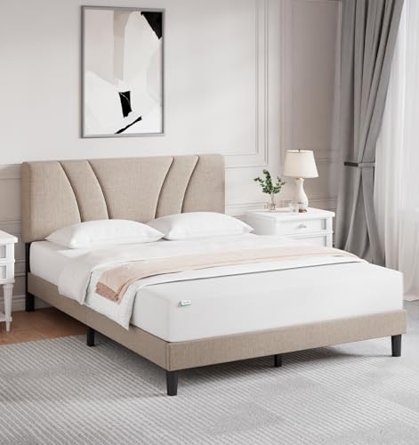 Novilla Queen Bed Frame with Headboard, Linen Upholstered Bed Frame Queen Size with Wood Slats Support, No Box Spring Needed, Heavy Duty Feet, Easy Assembly, Light Beige - color: Light Beige, size: Queen