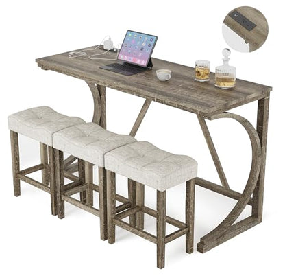 allamazing 4-Piece Counter High Bar Table Set with Socket and 3 Fabric Padded Bar Stools, Tall Kitchen Breakfast Nook with Stool (1+3 Natural) - color: 1+3 Natural