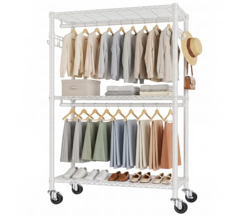 Heavy Duty Clothes Rack Load 350 LBS, Hanging Rods Clothes Rack, Black | Clothes Organizer Rack, Heavy-Duty Frame, Removable Rods, Side Hooks, Silent Casters, No Tools, Walk-In Closet, Small Space - color: WHITE, size: 45IN