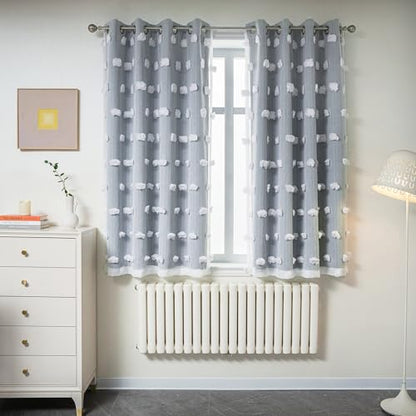 MYSKY HOME Dusty Blue Curtains for Bedroom & Kids Room - 54 Inch Long, Double Layer, White Pom Pom, Sheer, Grommet, Darkening, Small Window, 2 Panels, 52 x 54 in - color: Dusty Blue, size: 52"W x 54"L (Pack of 2)