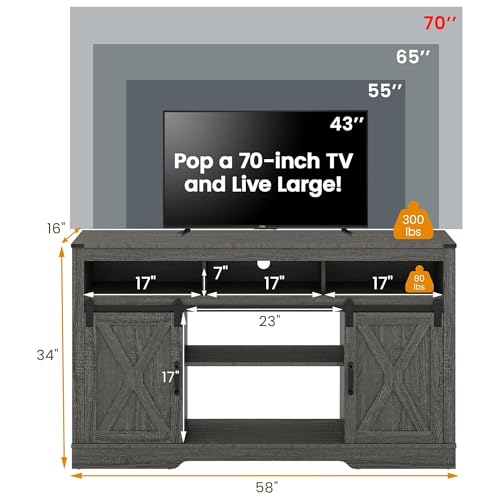 RoyalCraft Farmhouse Fireplace TV Stand for 65+ Inch TV, Entertainment Center with 23" Electric Fireplace with Remote, 34 Tall Modern Rustic TV Console with Sliding Bar Door for Living Room, Dark Grey - color: Dark Grey, style: Electric Fireplace Included