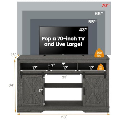 RoyalCraft Farmhouse Fireplace TV Stand for 65+ Inch TV, Entertainment Center with 23" Electric Fireplace with Remote, 34 Tall Modern Rustic TV Console with Sliding Bar Door for Living Room, Dark Grey - color: Dark Grey, style: Electric Fireplace Included