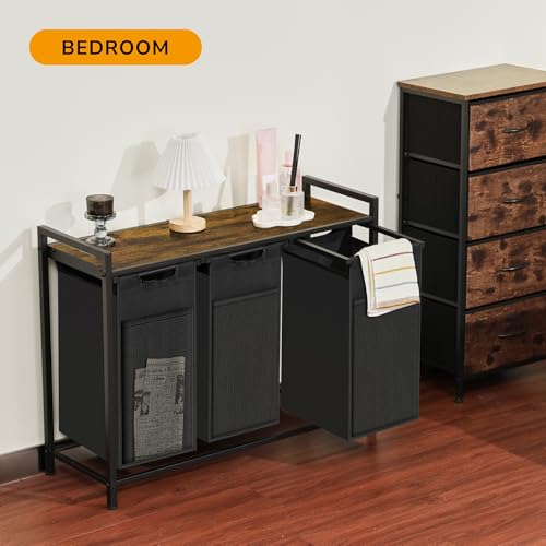 Laundry Hamper with Shelf, Laundry Basket with 3 Pull-Out Removable Bags, 3x 10.6 Gallons(120L), Metal Frame, Lockable Wheels, for Laundry Room and Bedroom - color: Black and Rust (3 Bags 120L)