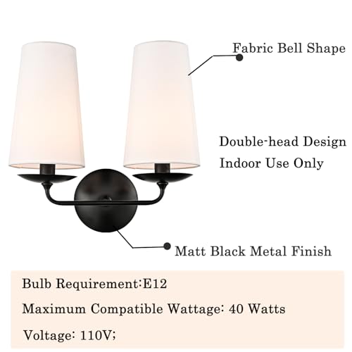 Moose Double Head Wall Sconce Black Hardwired with Fabric Shade | Industrial 2-Light Linen Classic Wall Lamp for Bedroom Hallway Living Room Bedside - color: Black, size: 1-Pack | 2-Light
