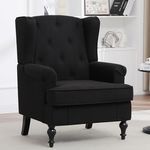Accent Chair for Living Room, Mid Century Modern Upholstered Armchair, Wingback Chair with Tufted High Back and Solid Legs, Comfy Side Chairs Single Sofa for Bedroom, Black - color: Black, size: Set of 1