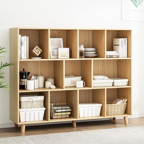IOTXY Open Cubes Low Bookcase - 3-Tier 11-Cube Short Bookshelf in Oak | Nordic Minimalist Style, MDF Material, Solid Wood Legs, Deep Storage Cubes, Free Standing Wooden Cabinet Organizer Unit - color: Oak, size: 3-Tier 11-Cubes