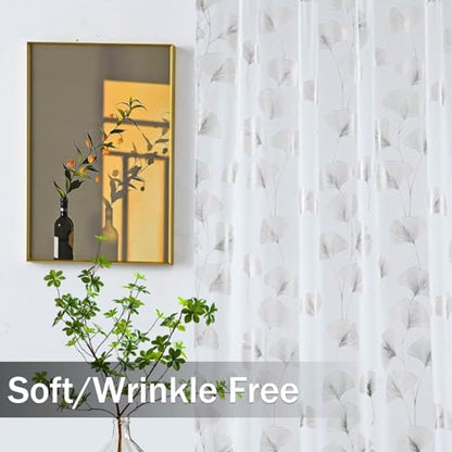 Silver Foil Print Sheer Curtains 96 inches Long, 2 Panels Ginkgo Bronzing Treatment Sheer Curtain, Rod Pocket Window Treatment Panels for Bedroom Living Room - color: Ginkgo/Silver/White, size: 42"W x 96"L (Pack of 2)