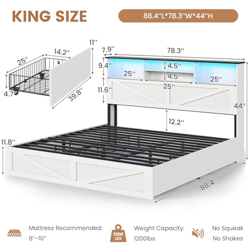 Farmhouse Bed Frame King Size with Bookcase Storage Headboard, Charging Station and LED Lights, Wooden King Bed Frame with 4 Drawers, Barn Door Design, No Box Spring Needed, No Noise, White - color: White, size: King