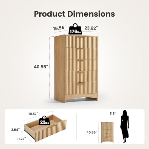 Amada Tall 5 Drawer Dresser, Modern Fluted Vertical Chest with Rounded Corners, Pre-Installed Drawer Slides & Narrow Storage Design for Bedroom or Hallway in Natural Oak - color: Natural Oak, size: 15.5"D x 23.62"W x 40.5"H (5 Drawers)