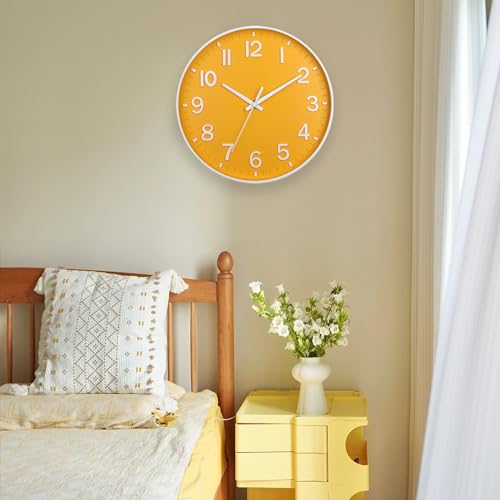 HZDHCLH 12 Inch Silent Wall Clock Battery Operated Non Ticking Yellow | for Living Room Bedroom Kitchen Office (orange color) - color: Daffodil