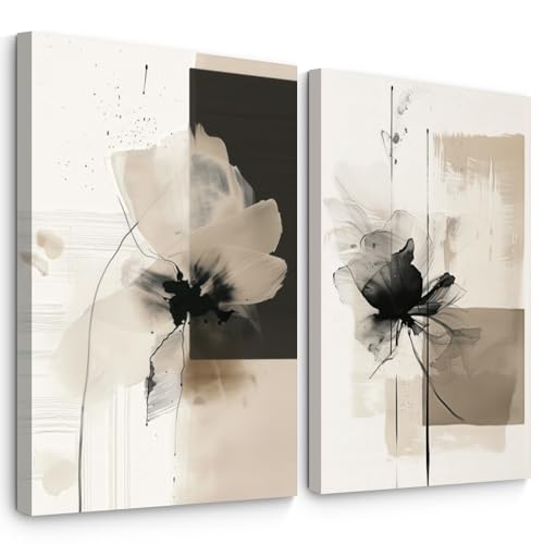 Modern Abstract Floral Wall Art Minimalist Neutral Canvas Painting Decor Beige Cream And Black Wall Art Contemporary Flower Picture Prints for Living Room Bedroom 16x24 Inch Wrapped Canvas Set of 2 - color: Ink Wash Flower Prints, size: 16x24 Inch Canvas