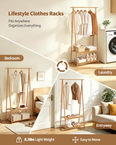 Bamboo Clothing Rack with Shelves, Wood Garment Rack for Hanging Clothes | Small Space Corner Clothes Hanger Rack with 2 Hooks,Freestanding Open Wardrobe Closet Rack in Bedroom,Entryway,Apartment - size: 2-Tier,60.5" Tall
