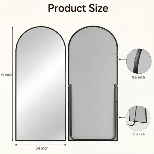 Antok Full Length Mirror, 76"x34" Floor Mirror with Stand, Hanging Mounted Mirrors for Bedroom, Living Room, Cloakroom, Dining Room, Black, Arched - color: Black (Arched), size: 76"L x 34"W