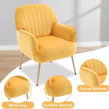GDFStudio 25" Velvet Accent Chair with Arms and Back, Modern Shell-Shaped Upholstered Barrel Chairs, Small Comfy Reading Chair Lounge Chairs with Solid Legs for Living Room Bedroom Office Cafe, Yellow - color: Yellow