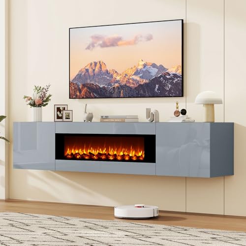 70" Wall Mounted Floating TV Stand with 36" Electric Fireplace, High Gloss Floating Entertainment Center TV Shelf for TVs Up to 80", Grey Fireplace Media Console Table Floating TV Cabinet Living Room - color: Grey, size: 70"-with fireplace