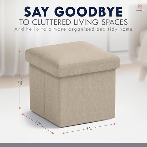 Ornavo Home Small Square Storage Ottoman, Foldable Linen, 12x12x12, Taupe | Collapsible Cube Design; Foot Rest Stool Seat; Ideal for Living Room, Bedroom, Home Office or Dorm - color: Taupe