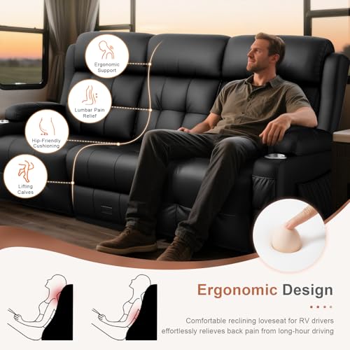Home Theater Seating, 3 Seat Power Loveseat Recliner Sofa with Heat Massage | Wall Hugger Reclining Loveseat with USB, RV Couch with LED Lights, Flip Backrest, Cup Holders for Movie Theater, Gaming Room - color: Black, size: 78" - 3 Seats