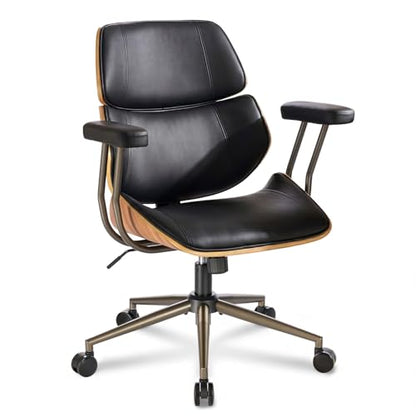 Mid Century Walnut Bentwood PU Leather Office Chair with Arms, Black | Curved walnut bentwood back & seat; removable armrests; PU leather upholstery; swivel & rolling; for home office & study - color: Black, size: 2-Section Back / No Headrest